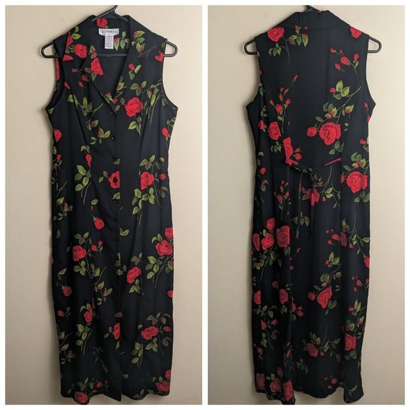 Studio 1 Dresses & Skirts - Vintage 90s size 8 rose print black floral button down midi dress
